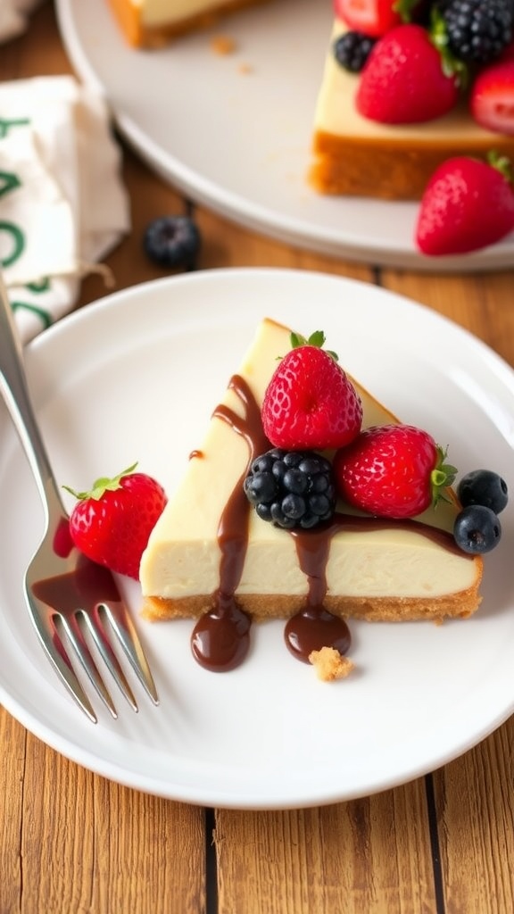 A slice of keto cheesecake topped with berries and chocolate sauce on a rustic table.